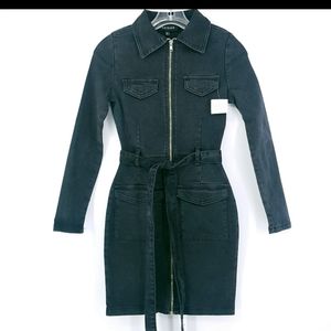 Audrey Charcoal Self Belt Zip Stretch Denim Dress
